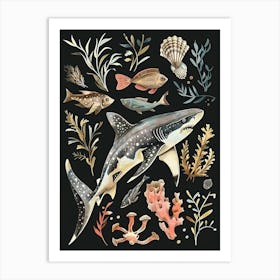 Shark In The Ocean Seascape Black Background Illustration 2 Art Print