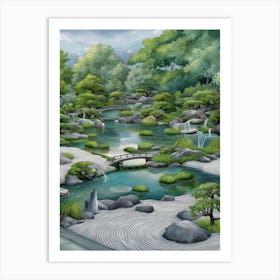 Japanese Garden - peaceful depiction of a zen garden with a tranquil pond and flowing water features 1 Art Print