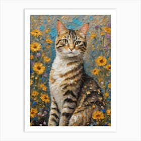 Klimt Style Tabby Cat in Garden Wild Flowers Painting - Gustav Klimt Money Waterlillies Acrylic Feature Gallery Wall HD Art Print