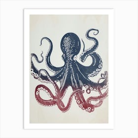 Red & Blue Simple Linocut Style Octopus 3 Art Print