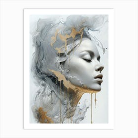 Ethereal Portrait Abstract Woman with Flowing Metallic Gold and Smoke Art Print