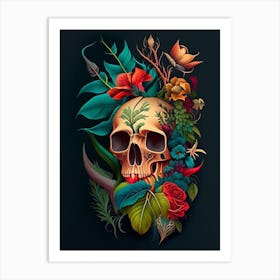 Skull With Tattoo Style Artwork Primary Colours 2 Botanical Art Print