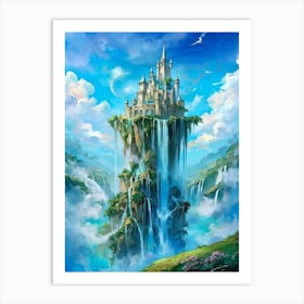 Capture A Watercolor Fantasy Of A Whimsical Castle Perched Delicately Atop Floating Islands Cascadi Art Print