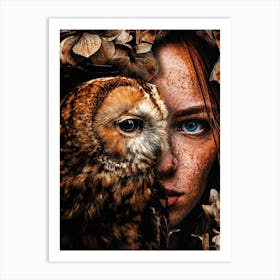 Redhead Woman and Owl Art Print