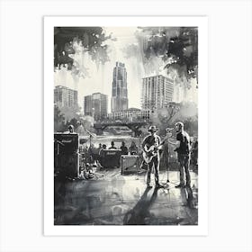 Live Music Scene Austin Texas Black And White Watercolour 4 Art Print