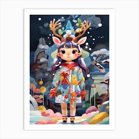 Christmas Girl With Reindeer Art Print