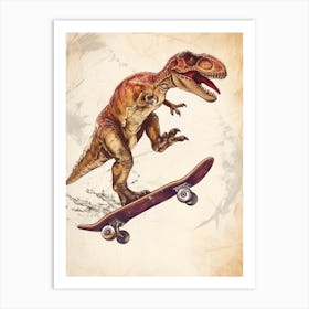 Vintage Protarchaeopteryx Dinosaur On A Skateboard  3 Art Print