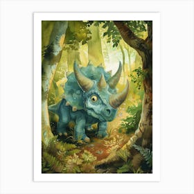 Cute Triceratops In The Woodlands Vintage Storybook Painting 1 Art Print