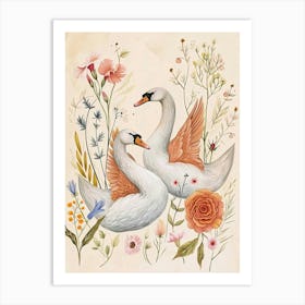 Folksy Floral Animal Drawing Swan 2 Art Print
