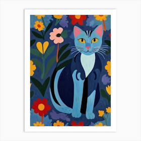 Blue Cat In Flowers 1 Art Print