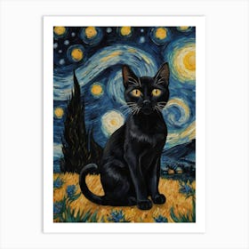 Black Cat Starry Night Art Print