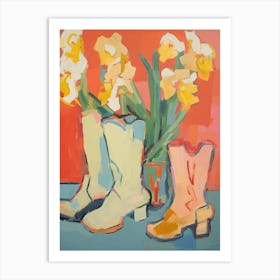 Painting Of Yellow Flowers And Cowboy Boots, Oil Style 8 Art Print