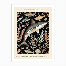 Largetooth Cookiecutter Shark Seascape Black Background Illustration 3 Poster Art Print
