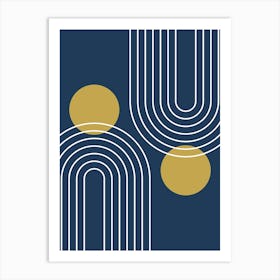 Mid Century Modern Geometric In Navy Blue And Gold (Rainbow And Sun Abstract) 01 Art Print