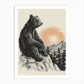 Malayan Sun Bear Looking At A Sunset From A Mountain Ink Illustration 4 Art Print