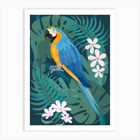 Blue And Gold Macaw Parrot With Tropical Leaves Art Print