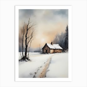 Rustic Winter Oil Painting Vintage Cottage (19) Art Print