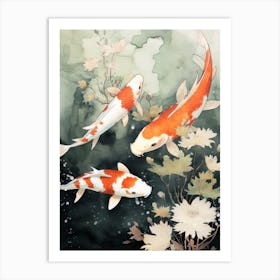 Orange Koi Fish Watercolour With Botanicals 7 Art Print