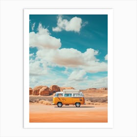 Vintage VW bus on the road travelling Art Print
