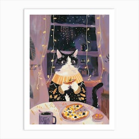 Happy Black And White Cat Pizza Lover Folk Illustration 4 Art Print