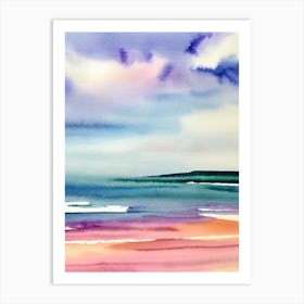 Croyde Bay Beach, Devon Pink Watercolour Art Print