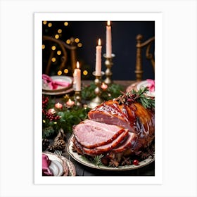 An Entregouted View Of A Glazed Spiced Pork Ham Festooned With A Crown Of Cloves Set On A Lavish C (6) Art Print