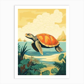 Block Colour Turtle Swimming Aqua 1 Art Print