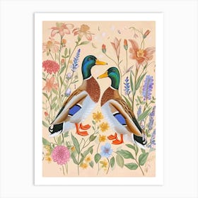 Folksy Floral Animal Drawing Duck Art Print