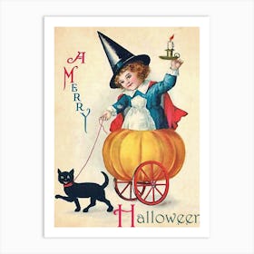 Witch Girl With Black Cat In Chariots Made Of Pumpkin Art Print