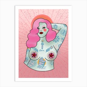 Pink Hair Curvy Tattooed Pin Up Girl Art Print