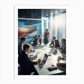 Conference Room Filled With Four Youthful Adults Two Women Two Men Engrossed In Team Strategy Do (4) Art Print