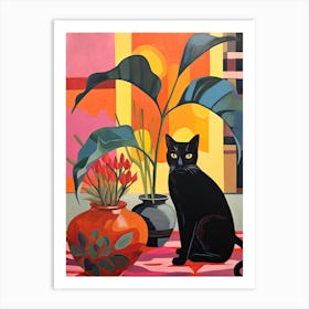 Lotus Flower Vase And A Cat, A Painting In The Style Of Matisse 1 Art Print