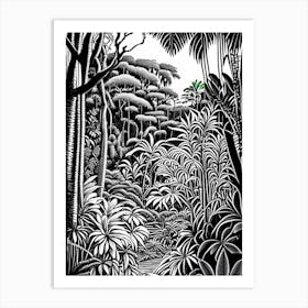Penang Botanic Gardens, 1, Malaysia Linocut Black And White Vintage Art Print
