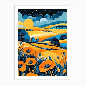 Cartoon Poppy Field Landscape Illustration (68) Art Print