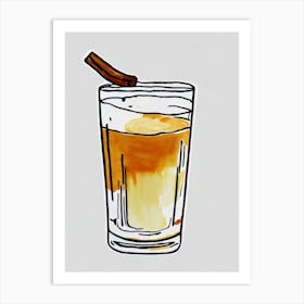 Hot Buttered Rum Minimal Line Drawing With Watercolour Cocktail Poster Art Print