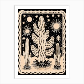B&W Cactus Illustration Woolly Torch Cactus 2 Art Print