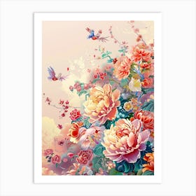 This Is A Poster Depicting A Hundred Flowers In Bloom, Azaleas, Chrysanthemums, Orchids, Peonies, Roses Flying In The Sky, A Chinese Garden, With A Light Pink And Light Beige Gradient In The Background, A Dreamy Scene, A Masterpiec Poster