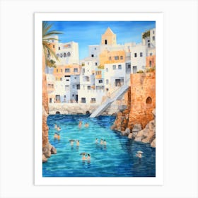 Swimming In Santorini Greece 3 Watercolour Art Print