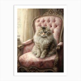 Cat on A Fancy Chair, Funny, Pink Pastel Colors Art Print