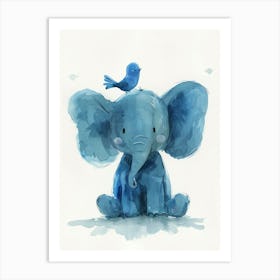 Small Joyful Elephant With A Bird On Its Head 16 Art Print