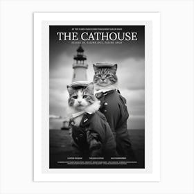 Cat House - Monochromatic Picture Of Two Cats And A Lighthouse Art Print