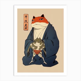 Frog And Cat, Matsumoto Hoji Inspired Japanese Woodblock 1 Art Print