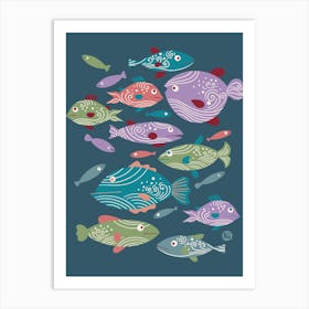 School of Spiral Fish [blue on dark blue] Art Print