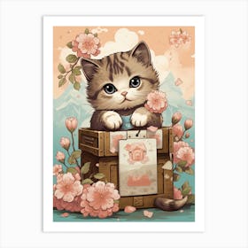 Kawaii Cat Drawings Collecting Stamps 1 Art Print