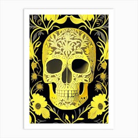 Skull With Floral Patterns 1 Yellow Line Drawing Art Print
