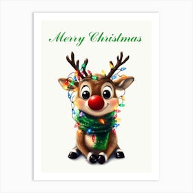 Merry Christmas Rudolph Rentier Illustration, Niedliches Reh mit Lichterkette Art Print