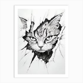 Angry Cat Watching from Wall Hole 8 Art Print