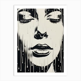 Black & White Linocut Inspired Face In The Rain 2 Art Print