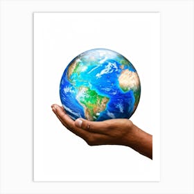 A Human Hand Cradling A Delicate Transparent Globe With Vibrant Countries And Teeming Blue Oceans S (4) Art Print