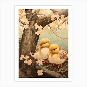 Duck & Duckling In The Flowers Japanese Woodblock Style 3 Art Print